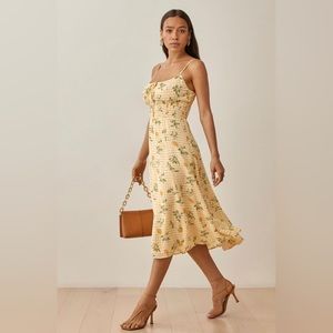 Yellow Floral Spaghetti-Strap Midi Dress